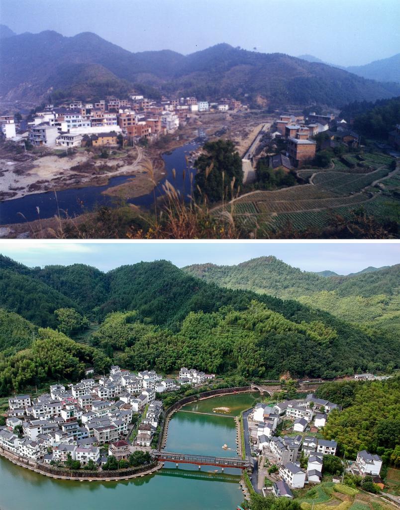 圖為浙江省杭州市淳安縣楓樹(shù)嶺鎮下姜村拼版圖，其中上圖為資料照片、下圖由新華社記者張鋮攝。